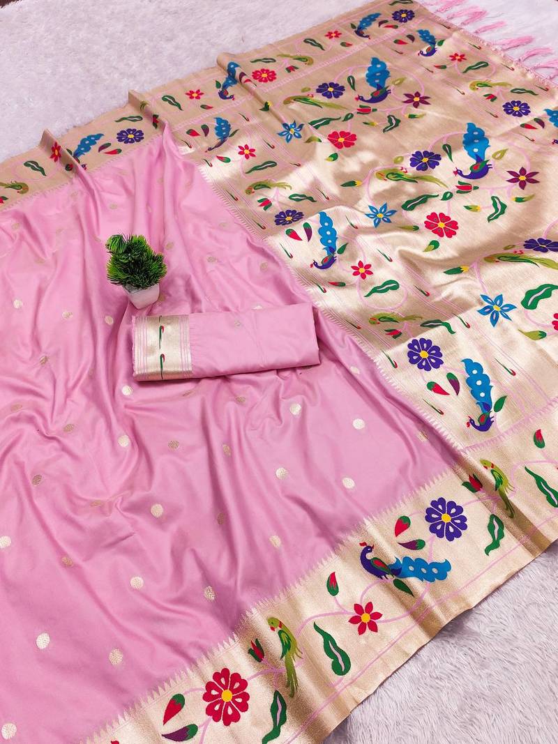Pink zari weawing Work silk blend Saree