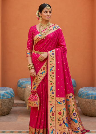 Rani Pink Color zari weawing Work Silk Saree