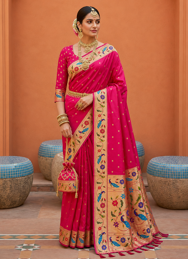 Rani Pink Color zari weawing Work Silk Saree