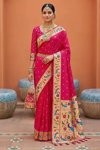 Rani Pink Color zari weawing Work Silk Saree
