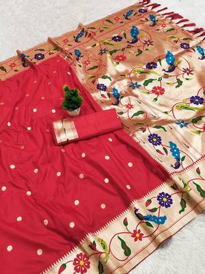 Red Color zari weawing Work Silk Saree 3