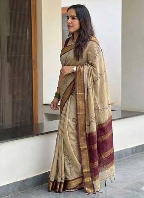 Beige blended cotton embroidered zari work saree with blouse 3