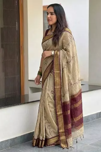 Beige blended cotton embroidered zari work saree with blouse