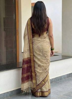Beige blended cotton embroidered zari work saree with blouse 4