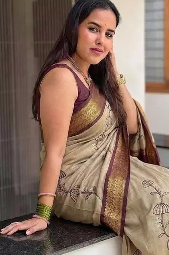 Beige blended cotton embroidered zari work saree with blouse