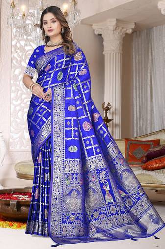 Cobalt Blue Satin Silk Saree with Heavy Zari Weaving, Rich Pallu & Running Blouse Piece