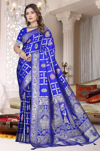Cobalt Blue Satin Silk Saree with Heavy Zari Weaving, Rich Pallu & Running Blouse Piece