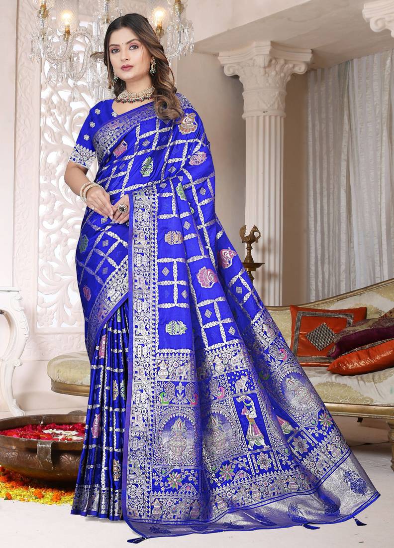 Cobalt Blue Satin Silk Saree with Heavy Zari Weaving, Rich Pallu & Running Blouse Piece