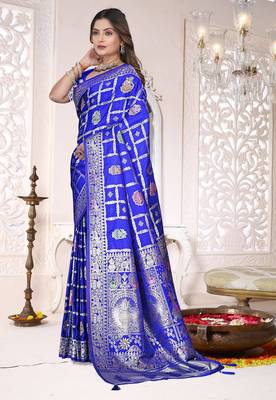 Cobalt Blue Satin silk blend Saree with Heavy Zari Weaving, Rich Pallu & Running Blouse Piece 2