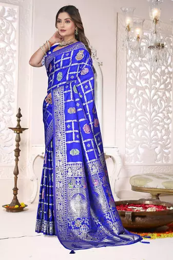 Cobalt Blue Satin silk blend Saree with Heavy Zari Weaving, Rich Pallu & Running Blouse Piece