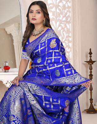 Cobalt Blue Satin silk blend Saree with Heavy Zari Weaving, Rich Pallu & Running Blouse Piece 3