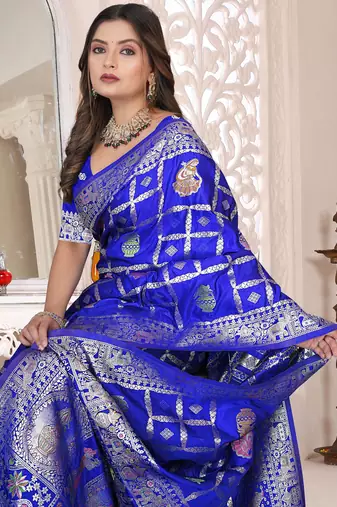 Cobalt Blue Satin silk blend Saree with Heavy Zari Weaving, Rich Pallu & Running Blouse Piece