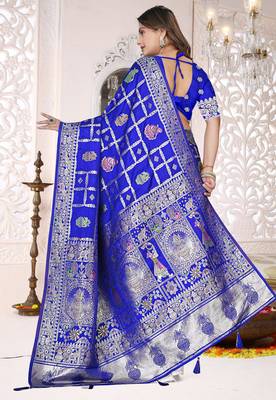 Cobalt Blue Satin silk blend Saree with Heavy Zari Weaving, Rich Pallu & Running Blouse Piece 4