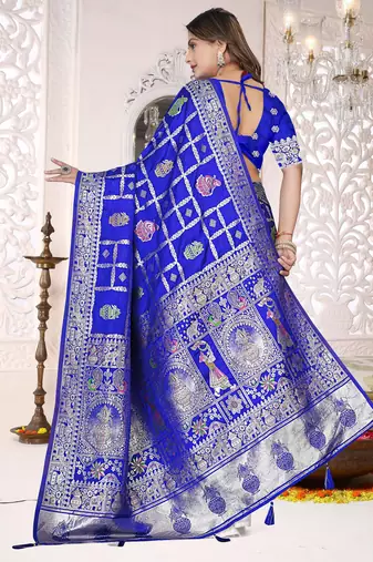 Cobalt Blue Satin silk blend Saree with Heavy Zari Weaving, Rich Pallu & Running Blouse Piece