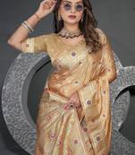  Beige Satin Saree with Floral Zari & Thread Work, Rich Pallu & Running Blouse Piece