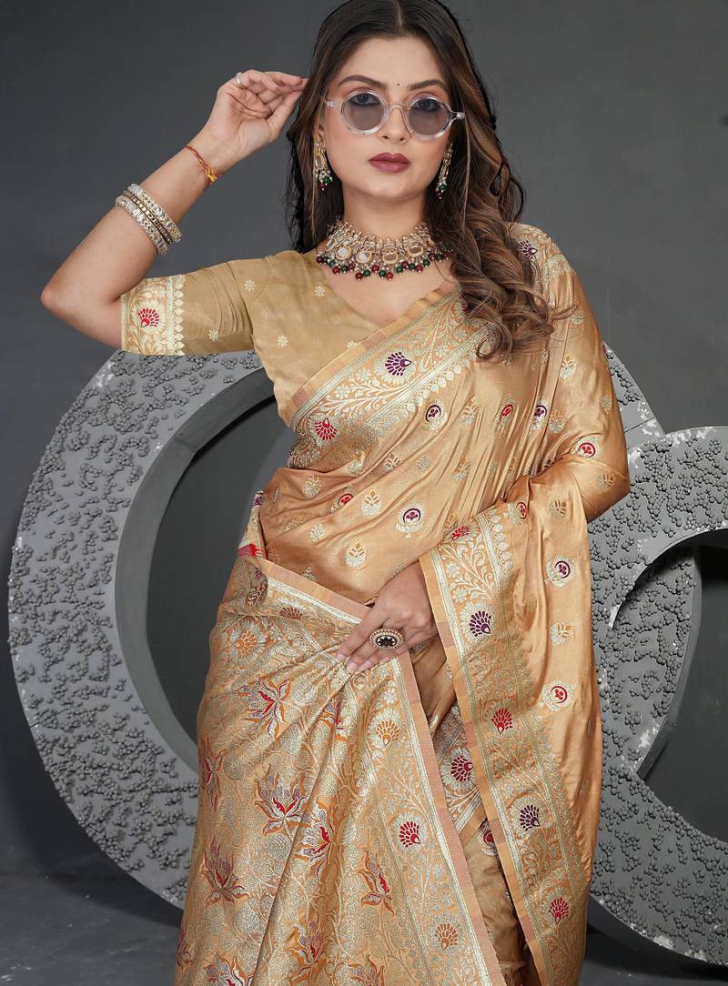Maharanga Beige Satin Saree with Floral Zari & Thread Work, Rich Pallu & Running Blouse Piece