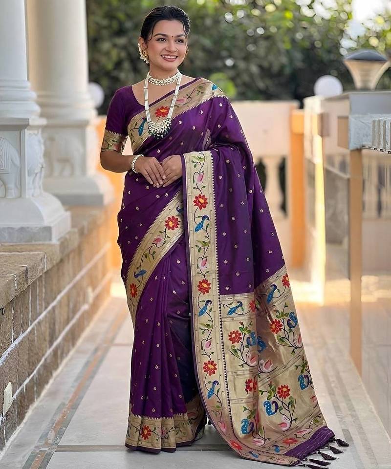 Dark Plum Color zari weawing Work Silk Saree