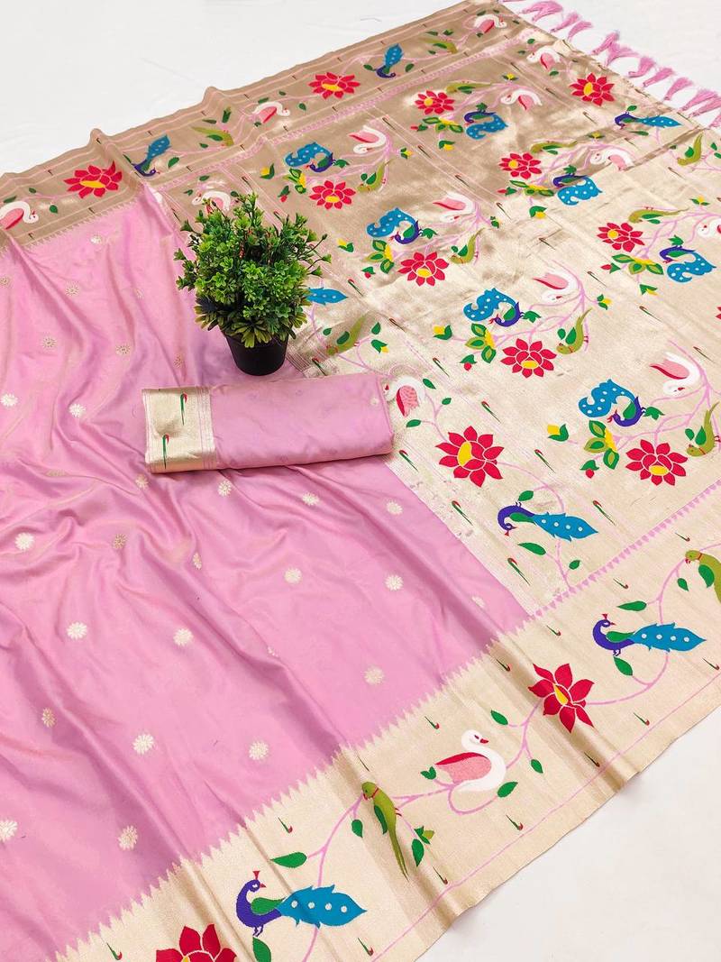 Pink zari weawing Work silk blend Saree