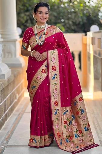 Rani Pink Color zari weawing Work Silk Saree