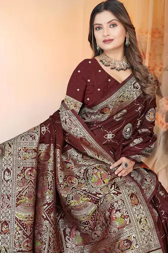Maroon Satin Silk Saree with Rich Zari Brocade Weaving, Heavy Border & Traditional Pallu 