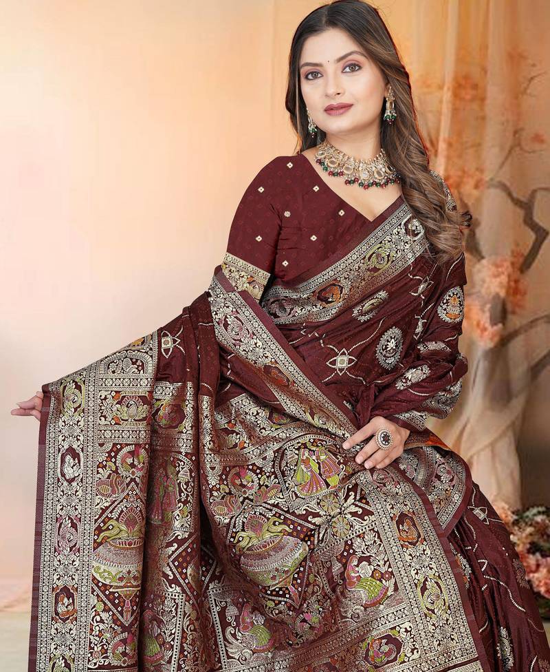 Maroon Satin Silk Saree with Rich Zari Brocade Weaving, Heavy Border & Traditional Pallu 