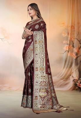 Maroon Satin silk blend Saree with Rich Zari Brocade Weaving, Heavy Border & Traditional Pallu  2