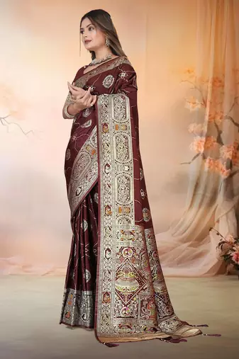 Maroon Satin silk blend Saree with Rich Zari Brocade Weaving, Heavy Border & Traditional Pallu 