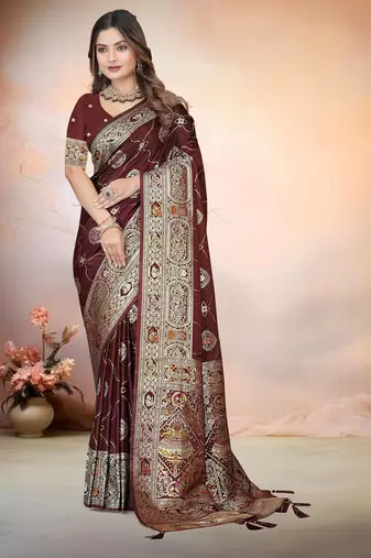 Maroon Satin silk blend Saree with Rich Zari Brocade Weaving, Heavy Border & Traditional Pallu 