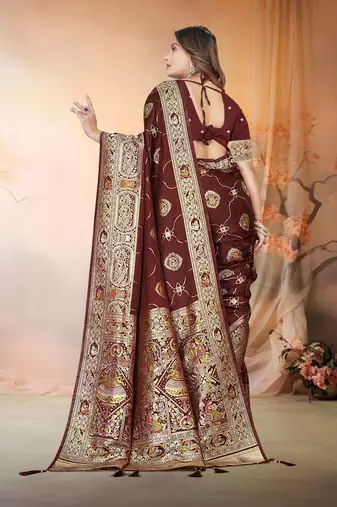 Maroon Satin silk blend Saree with Rich Zari Brocade Weaving, Heavy Border & Traditional Pallu 