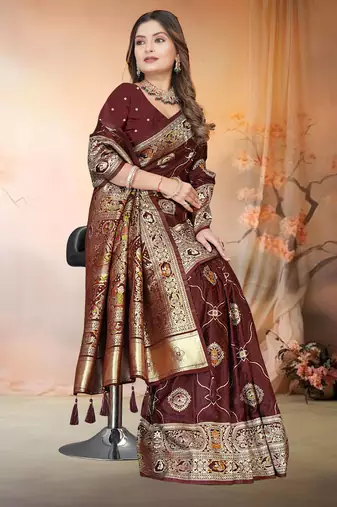 Maroon Satin silk blend Saree with Rich Zari Brocade Weaving, Heavy Border & Traditional Pallu 