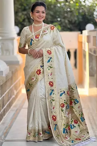 White Color zari weawing Work Silk Saree