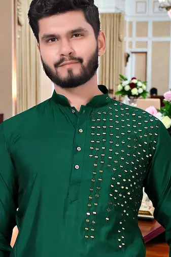  men's bottle greenmirror work - silk kurta