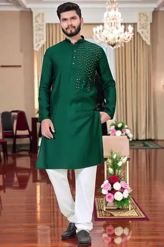 men's bottle greenmirror work - silk kurta