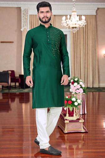  men's bottle greenmirror work - silk kurta