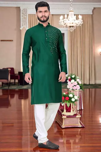  men's bottle greenmirror work - silk kurta