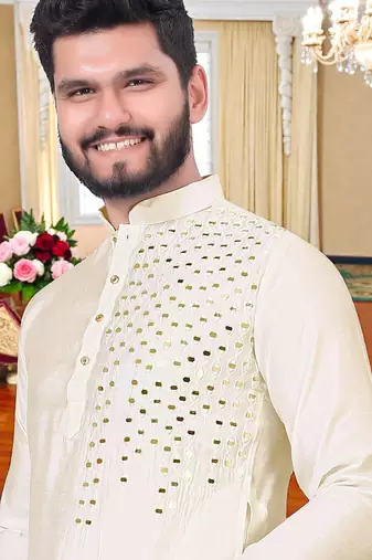  men's whitemirror work - silk kurta