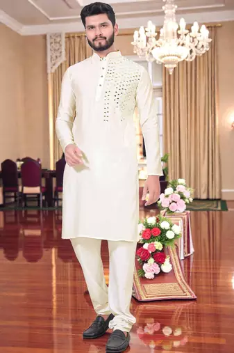  men's whitemirror work - silk kurta