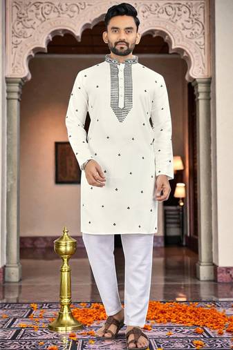  black &white  embroidery men's silk kurta 
