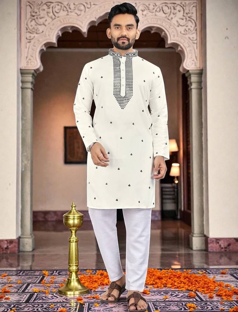 black &white  embroidery men's silk kurta 