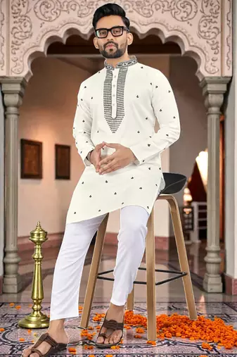  black &white  embroidery men's silk kurta 