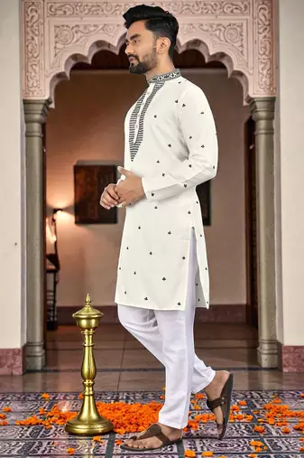  black &white  embroidery men's silk kurta 