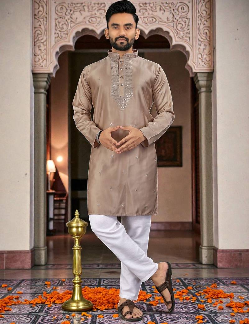  brown  embroidery men's silk kurta 