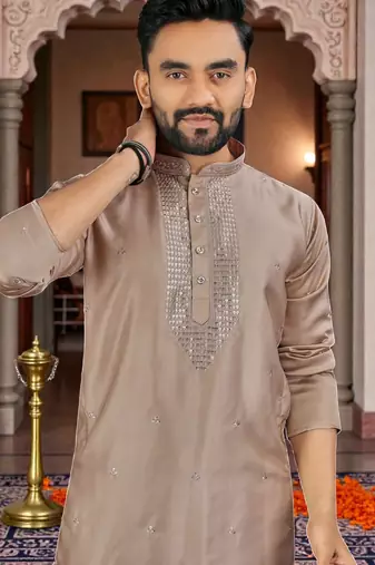  brown  embroidery men's silk kurta 