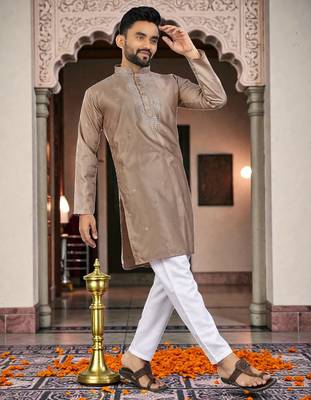  brown  embroidery men's silk kurta  4