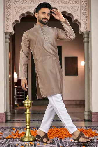  brown  embroidery men's silk kurta 