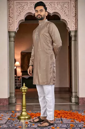  brown  embroidery men's silk kurta 