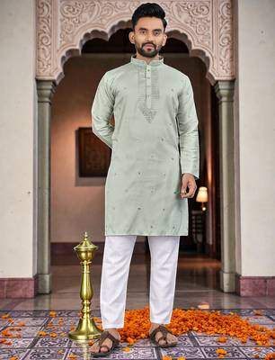  green  embroidery men's silk kurta  1