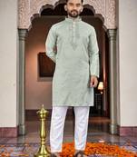  green  embroidery men's silk kurta 