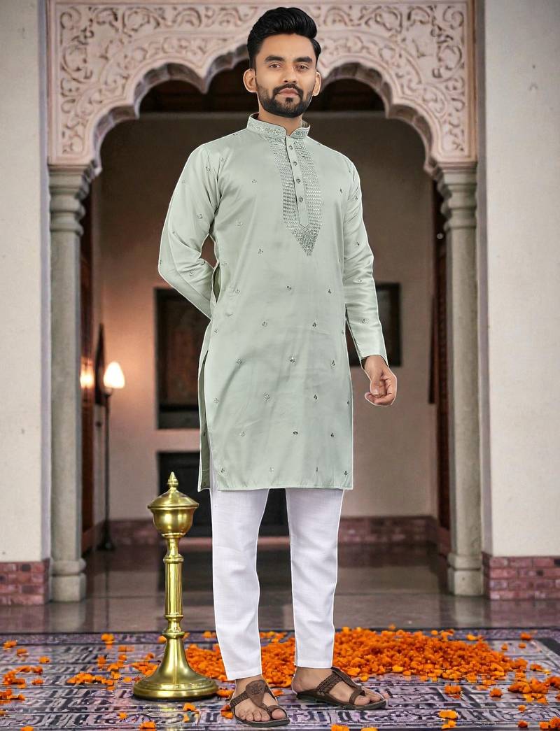  green  embroidery men's silk kurta 
