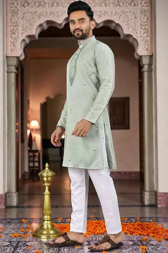  green  embroidery men's silk kurta 